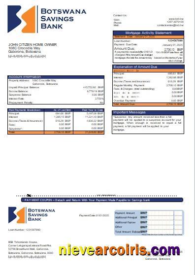 Botswana Savings bank mortgage statement